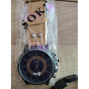 Soki Mens Analog Watch Black Face‎ Tan Leather Strap New In Packaging